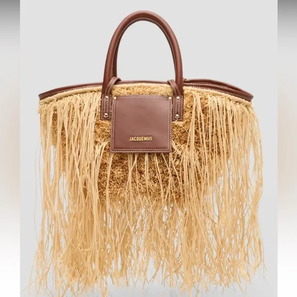 Jacquemus Le Panier Soli fringe raffia tote bag with brown leather trim - Picture 4 of 13